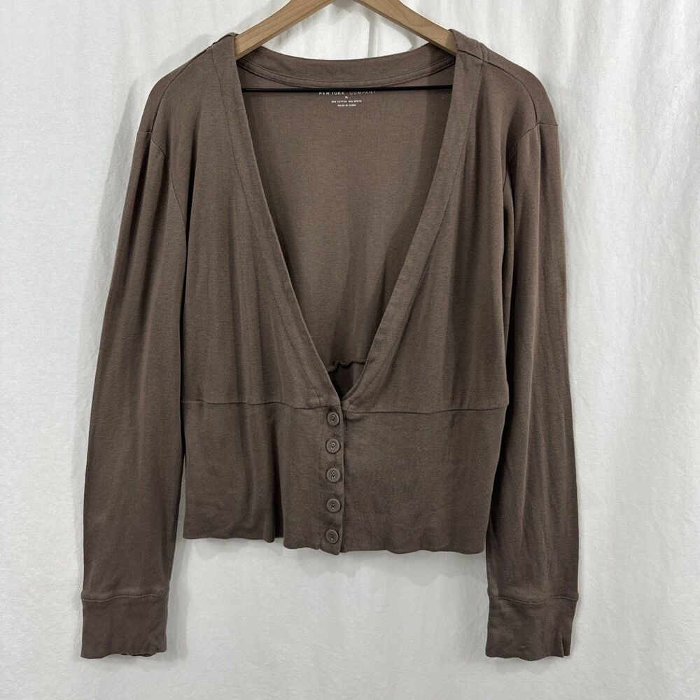 New York & Company Brown Button Waist Long Sleeve Cardigan Womens XL Y2K